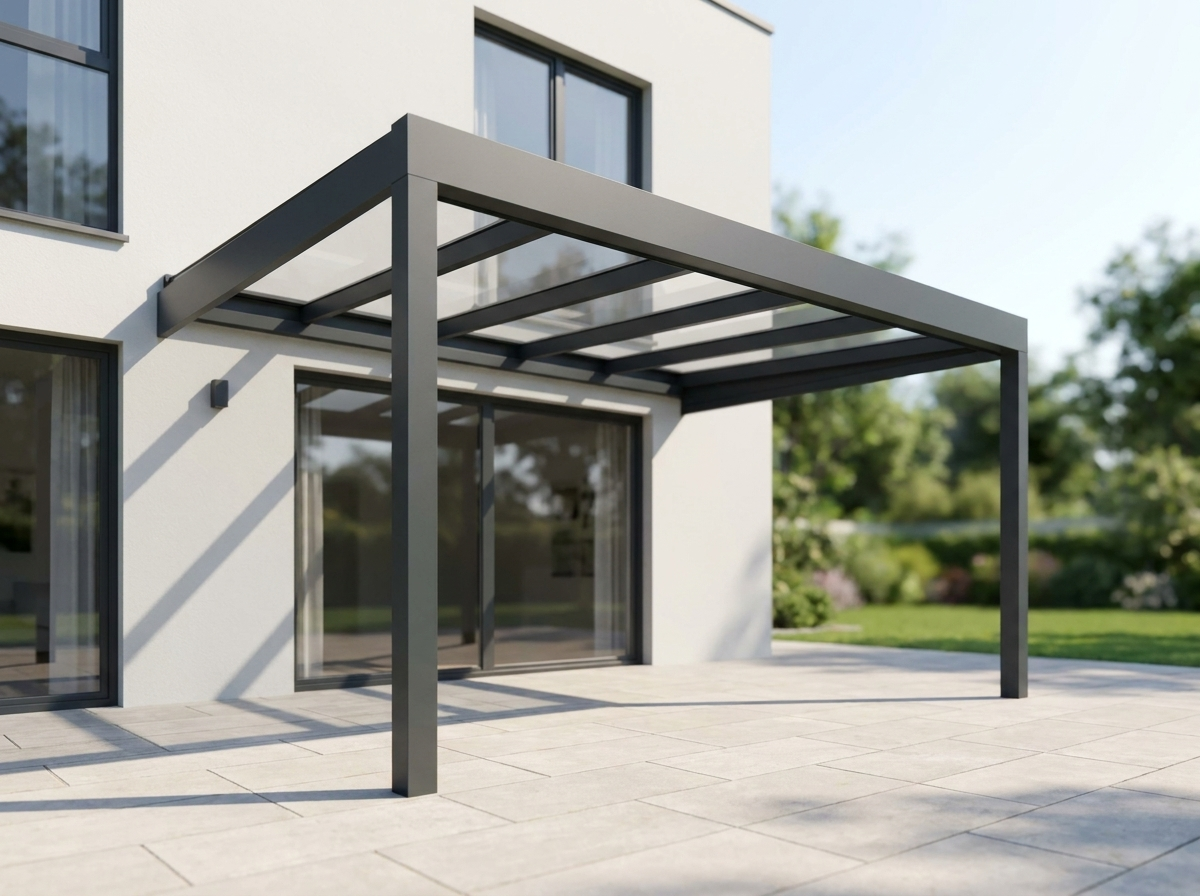 Cubo Line Terrassenüberdachung Anthrazit – moderne kubische Aluminium-Dachkonstruktion, Seitenansicht