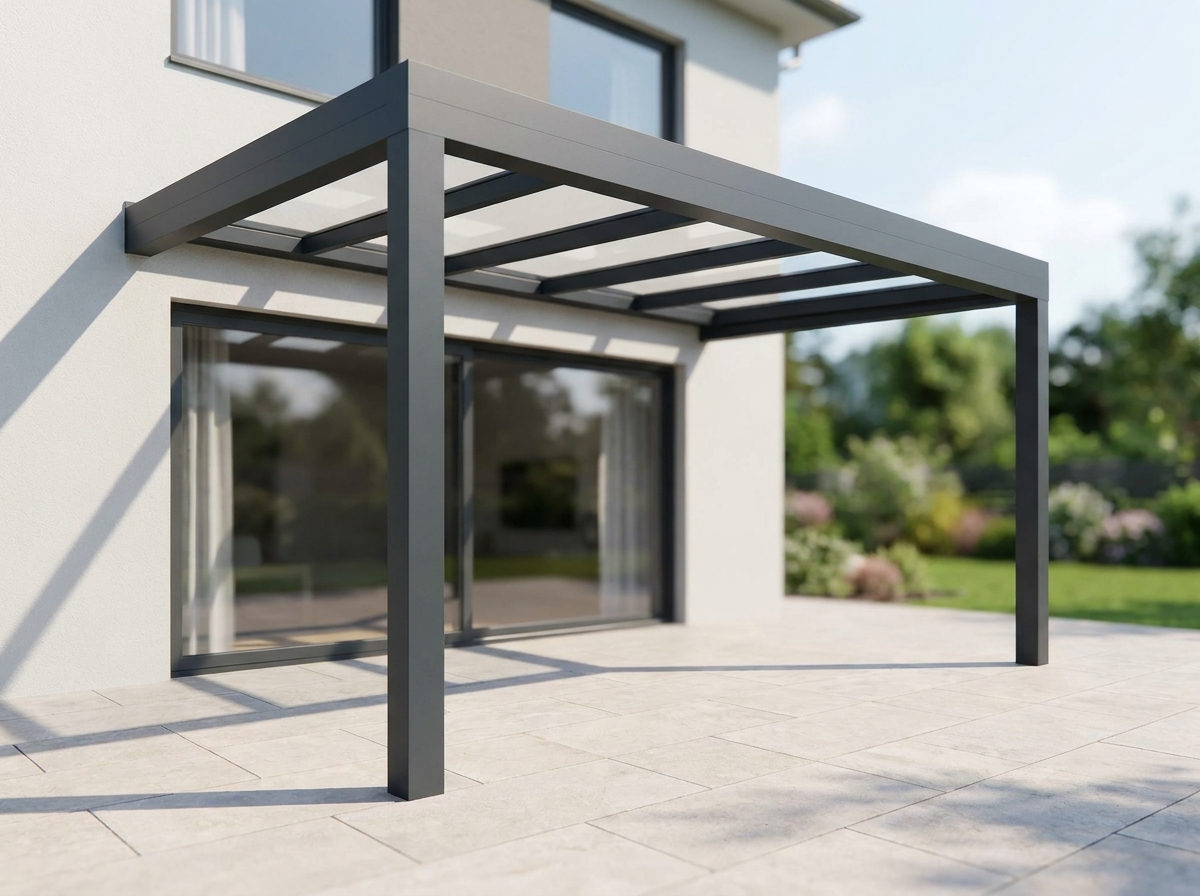 Cubo Line Aluminium-Terrassenüberdachung in Anthrazit – kubisches Flachdach, offene Konstruktion