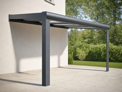 Diamond Line Terrassenüberdachung Anthrazit – Dreiviertelansicht der offenen Aluminium-Konstruktion