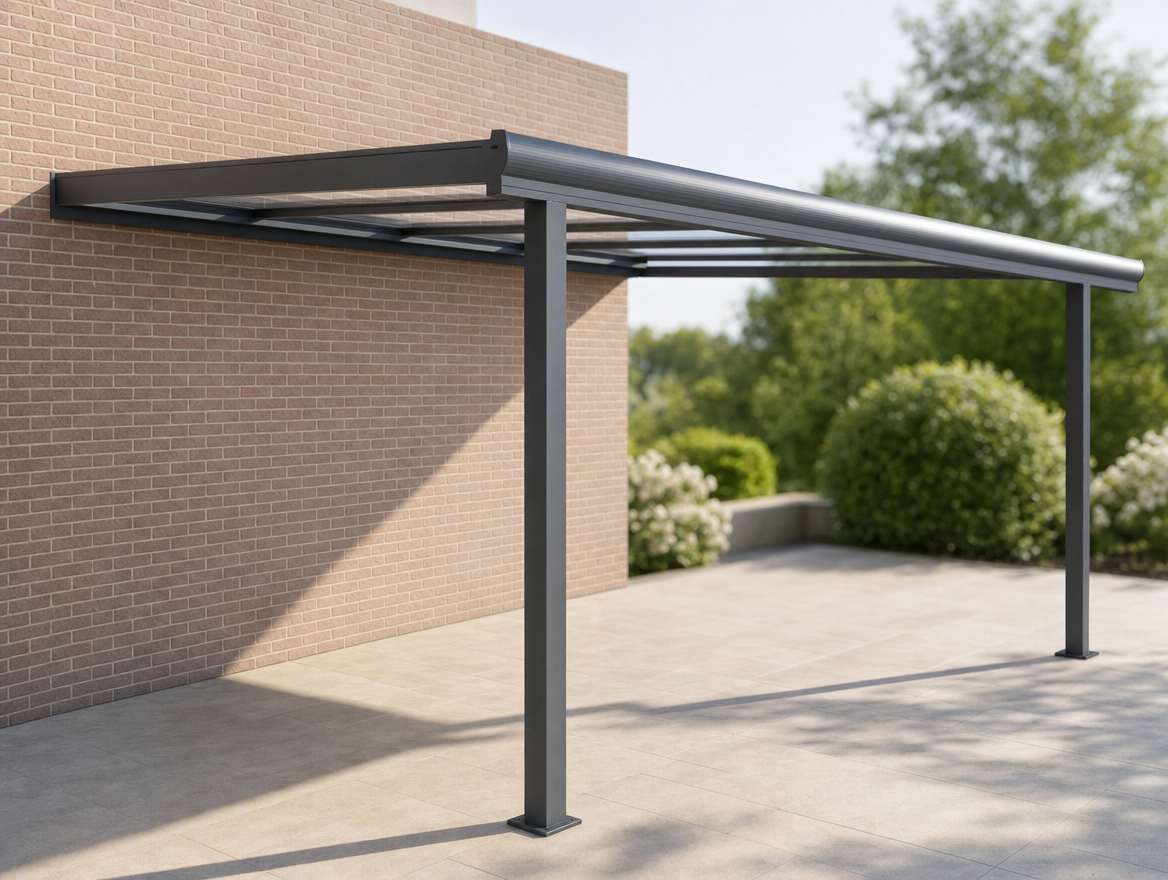 Diamond Line Aluminium-Terrassenüberdachung in Anthrazit – offene Dachkonstruktion, frontale Ansicht